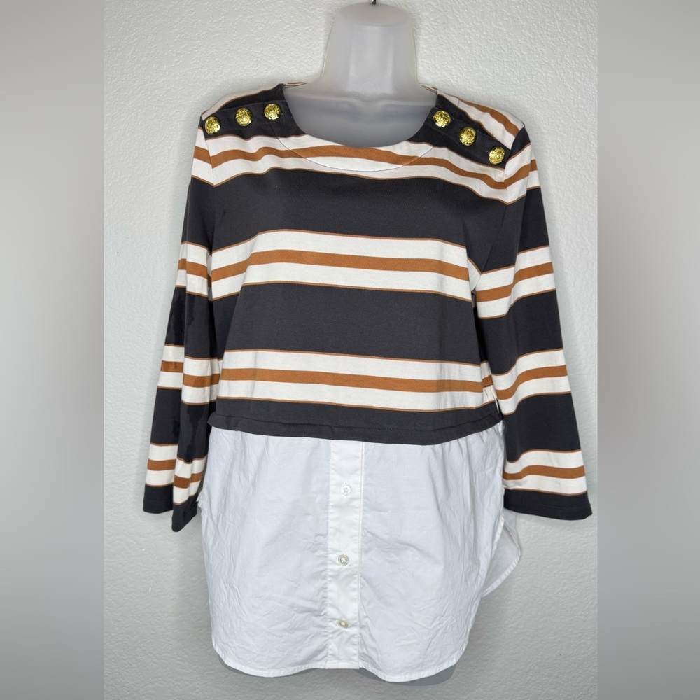 Veronica Beard Jeans Striped Mixed Media Button‎ Shoulder Top L Cotton Layered
